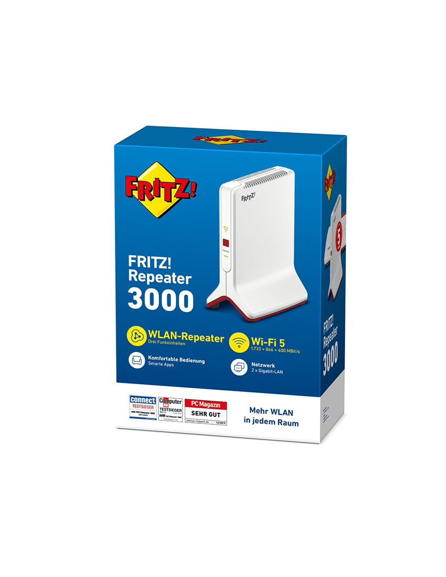 AVM FRITZ! Repeater 3000 - Mesh-Reapiting - 2x5GHz/ 1x2,5GHz - Wi-Fi-Range-Extender - GigE - Wi-Fi - Dualband