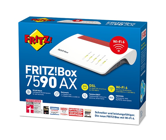 AVM FRITZ!Box 7590 AX - Wireless Router - ohne ISDN! (S0) - DSL-Modem - 4-Port-Switch - GigE - 802.11a/b/g/n/ac - Dual-Band - VoIP-Telefonadapter (DECT)