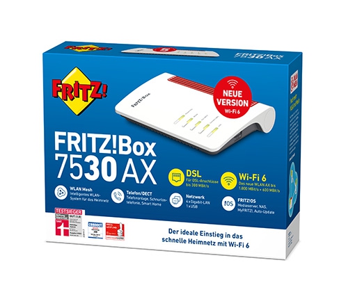 AVM FRITZ!Box 7530 AX - WLAN 6 (AX) - Wireless Router - DSL-Modem - 4-Port-Switch - GigE - 802.11a/b/g/n/ac - Dual-Band - VoIP-Telefonadapter (DECT)