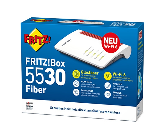 FRITZ!Box 5530 FiberAVM - Wireless Router - GPON-Terminal / Stimmen-Karte - 3-Port-Switch - GigE, 2.5 GigE, GPON, XGS-PON, AON - 802.11a/b/g/n/ac/ax - Dual-Band - VoIP-Telefonadapter (DECT)